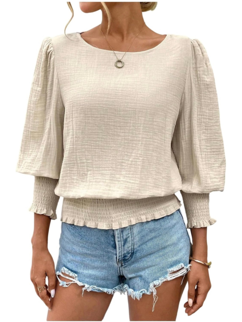 NEW SOLY HUX Casual Blouse Crew Neck Lantern 3/4 Sleeve Shirred S